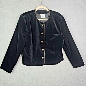 Tan Jay Black Velvet Blazer Gold Trim Metallic Buttons 14 Elegant